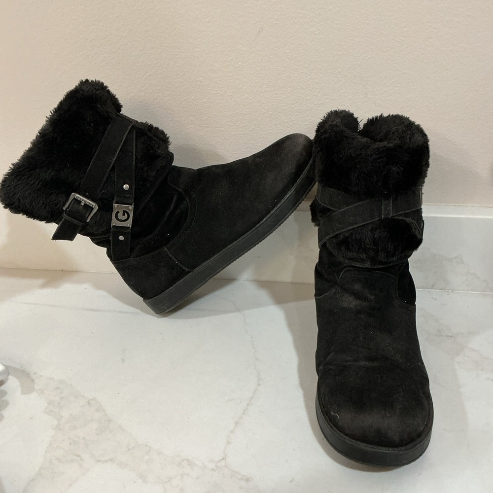GUESS G by Guess Black Faux Fur Winter Ankle Boots  Buckle Detail Womens 9.5